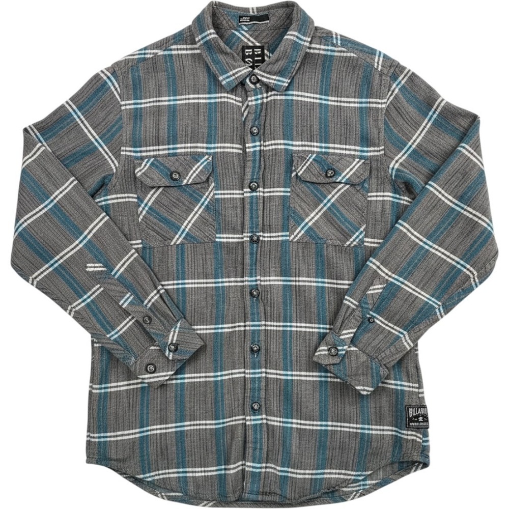 Billabong Double Standard Flannel Shirt Mens M Gray Blue Teal Plaid Skater Surf